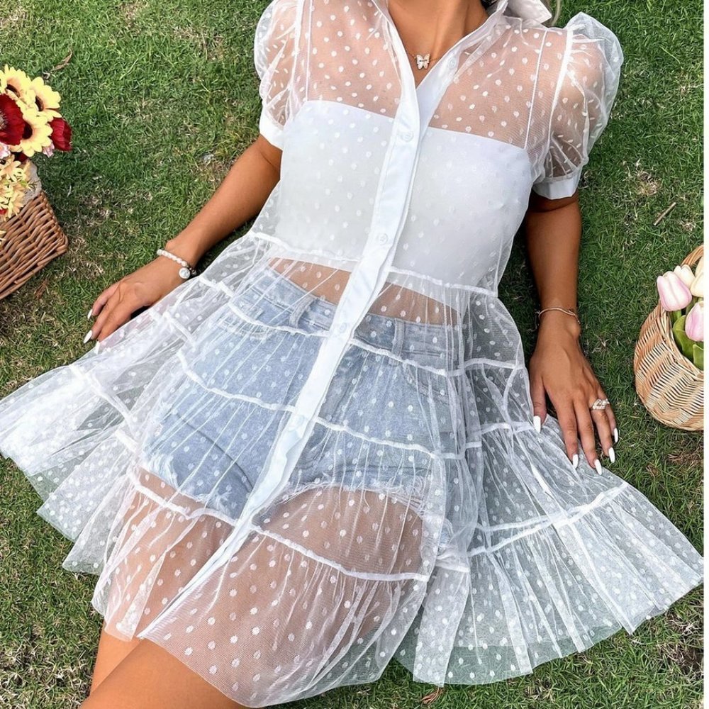 white Polka Dot Puff Sleeve Ruffle Hem Sheer Mesh Dress - Picture 2 of 4